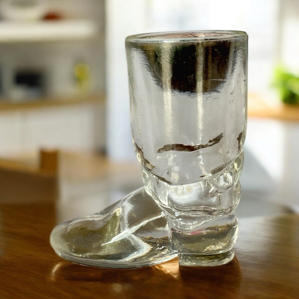 Vintage Clear Glass Cowboy Boot Shot Glass Toothpick Holder Match Striker Wester